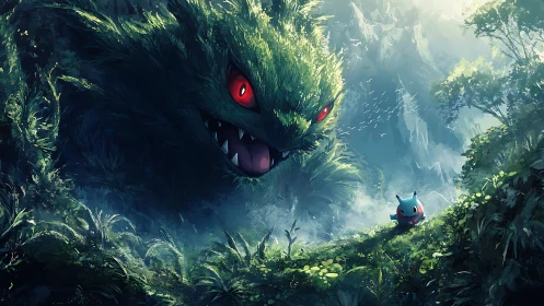 Giant foliage creature facing small figure in misty jungle.