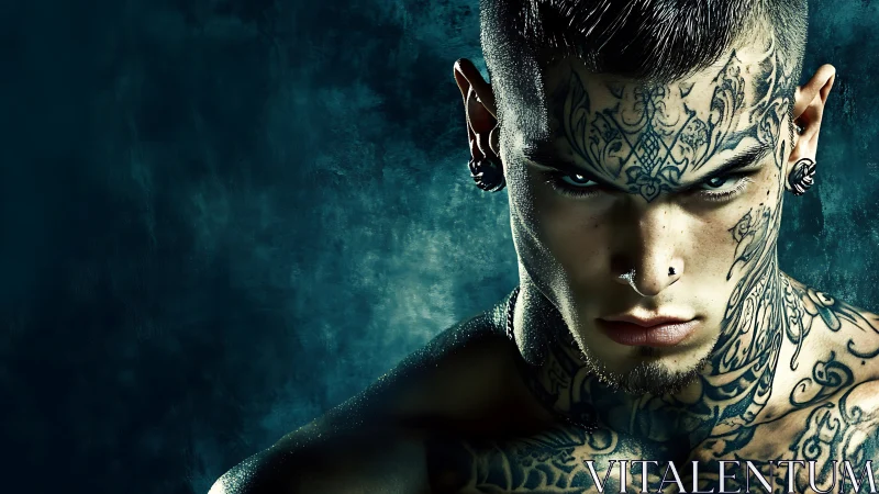 Symmetric frontal portrait of heavily tattooed male face.