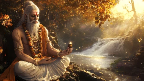Elderly robed figure meditating by river under warm light.