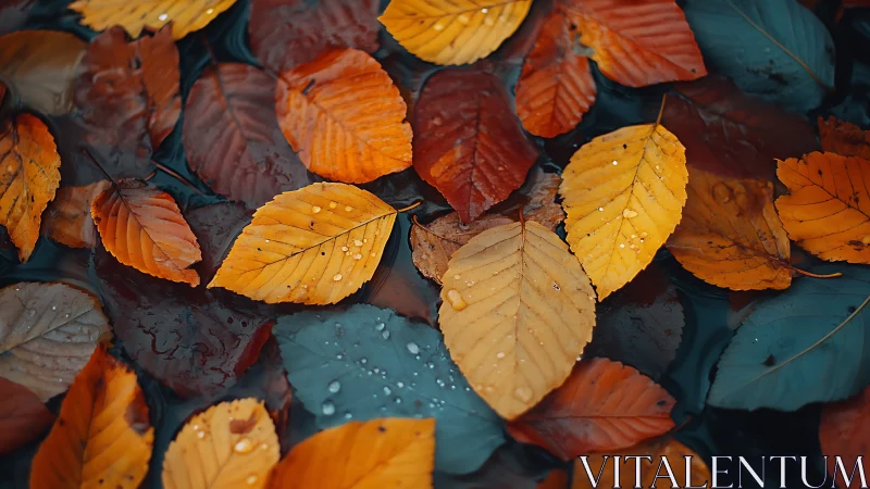 Autumn beech leaves floating on dark water with raindrops.