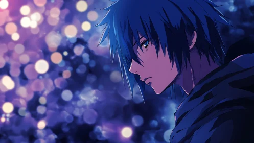 Blue haired anime boy in moody purple night scene.