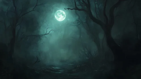Full moon illuminates dense, mist-filled forest at night