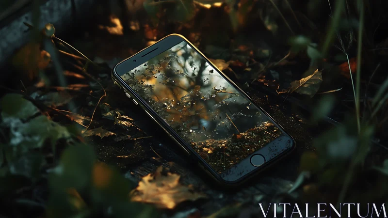 Smartphone lies in autumn forest, screen mirroring sky.