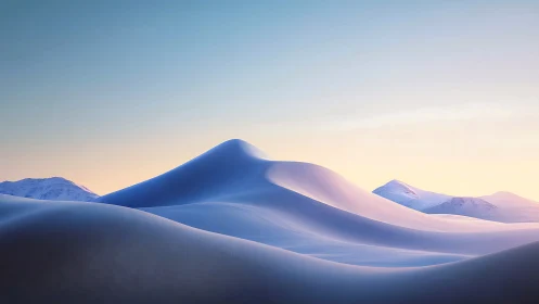 Soft sunrise over dreamy blue snow dunes in quiet winter.