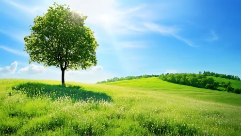 Sunny hillside tree offering calm shade and gentle peace.