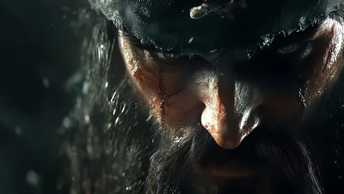 Close-up digital portrait of scarred bearded male face.