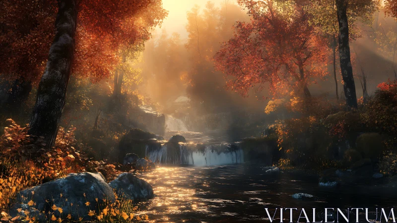 Autumn forest stream with small cascades in soft sunlight.