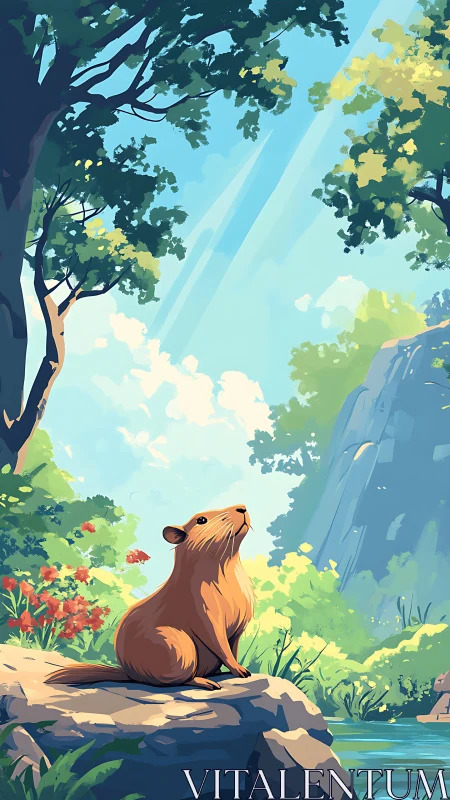Sunlit capybara pauses to daydream beside a forest stream