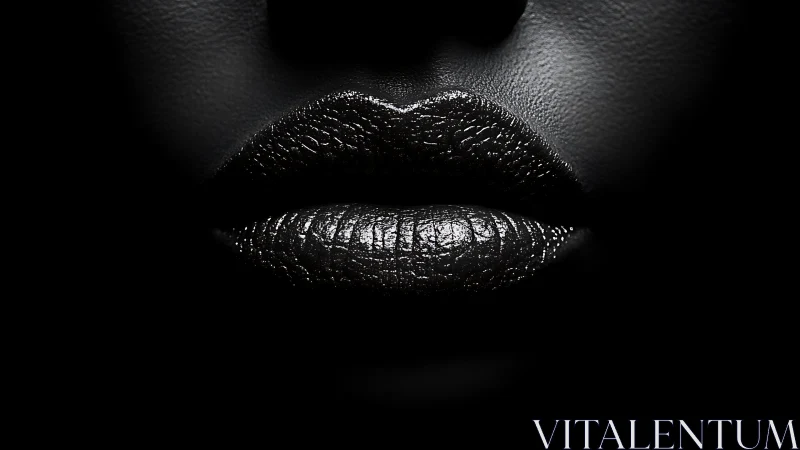 Close-up of glossy black lips in stark low-key lighting.