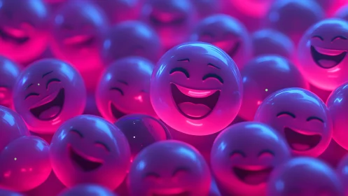 Vibrant 3D Happy Emojis in Neon Pink Light, Digital Art Style.
