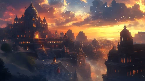 Golden dusk settles over a glowing mountaintop fantasy city