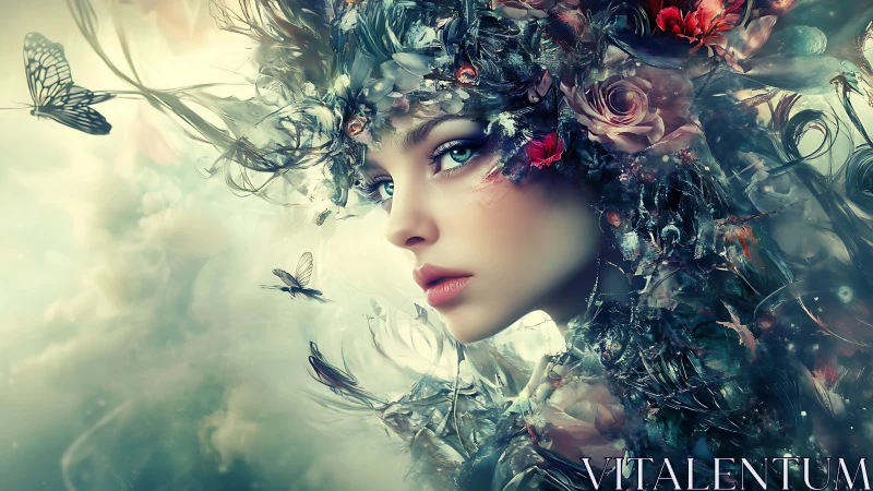 Ethereal woman in floral, feathered headdress amid butterflies.