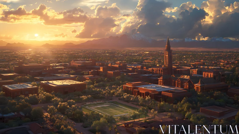 Sunlit desert campus skyline under dramatic sunset clouds