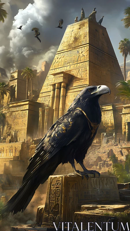 Black raven perches before carved pyramid temple in sun