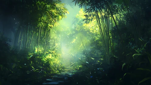 Bamboo Forest Path with Radiant Light.