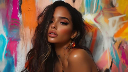 Digital portrait against abstract chromatic graffiti backdrop.