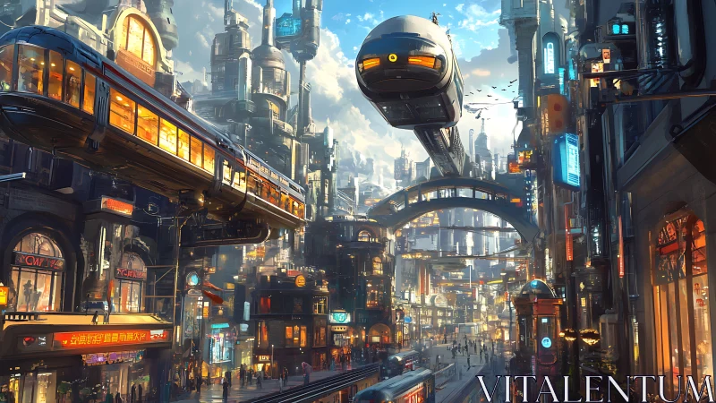 Sunlit Sky Rails Gliding Through a Bustling Future City.