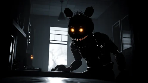 Backlit robotic animatronic advances through dim office interior