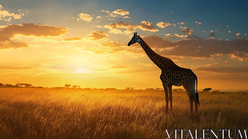 Giraffe stands in backlit savanna grassland at sunset