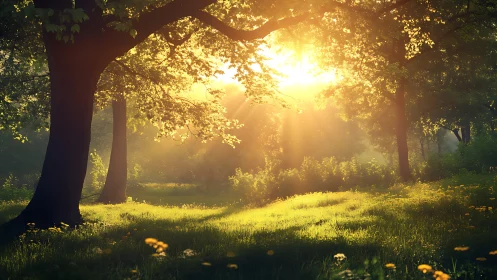 Sunlit Forest Clearing with Golden Morning Light, Nature Photography.