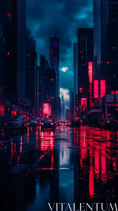 Neon-saturated nocturnal streetscape with reflective wet asphalt.