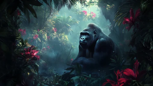 Silverback gorilla in misty bioluminescent rainforest clearing