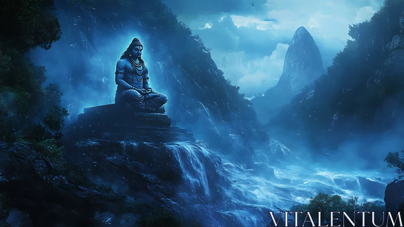 Tranquil blue deity watching over a misty mountain river.