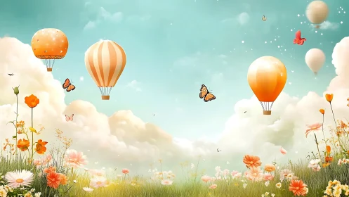 Orange hot air balloons drift above spring wildflower meadow