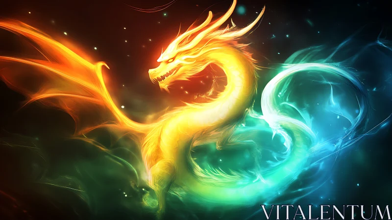 Bicolor elemental dragon swirling through neon etheric light.