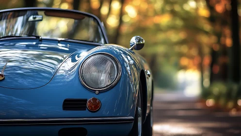 Classic blue roadster rendered with shallow depth of field