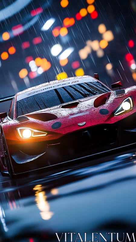 Aerodynamic red GT racer cuts through neon rain at speed