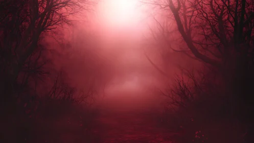 Blood-red fog engulfs a desolate forest path at dusk