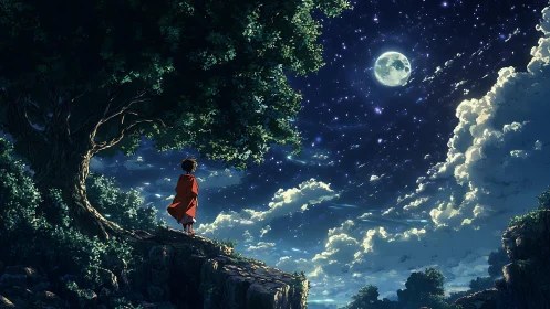 Solitary child under tree studies high-luminance moonlit sky