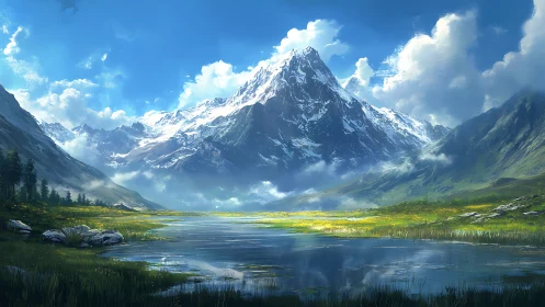 Snowcapped peak crowns luminous alpine valley lake.