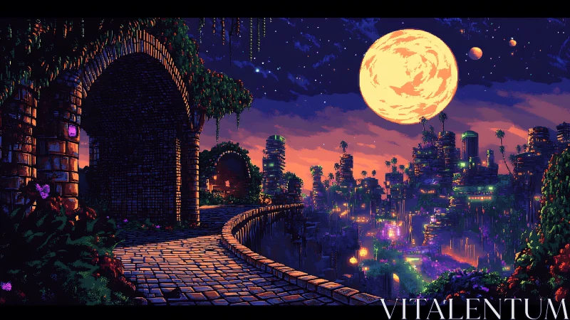 Pixel cityscape under large moon with elevated stone path.