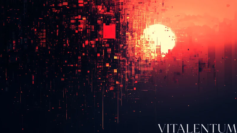Glowing digital sun dissolves into a futuristic data skyline