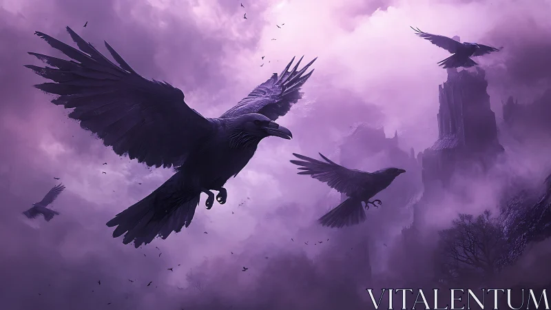 Dark fantasy ravens in violet mist over ruined citadel.
