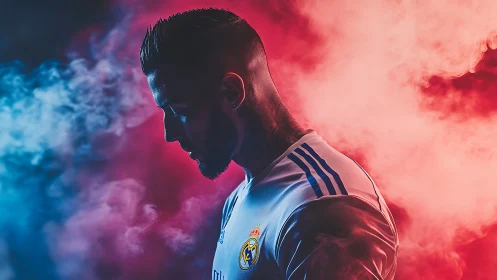 Moody football portrait in dramatic blue and red smoke.