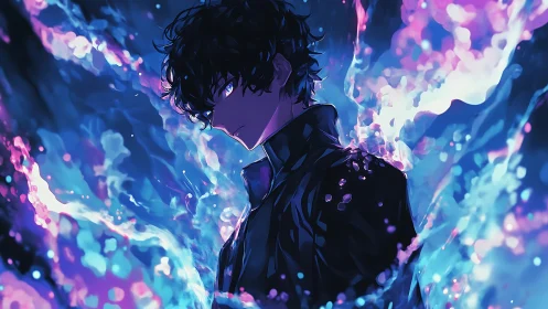 Brooding anime sorcerer within swirling neon flames.