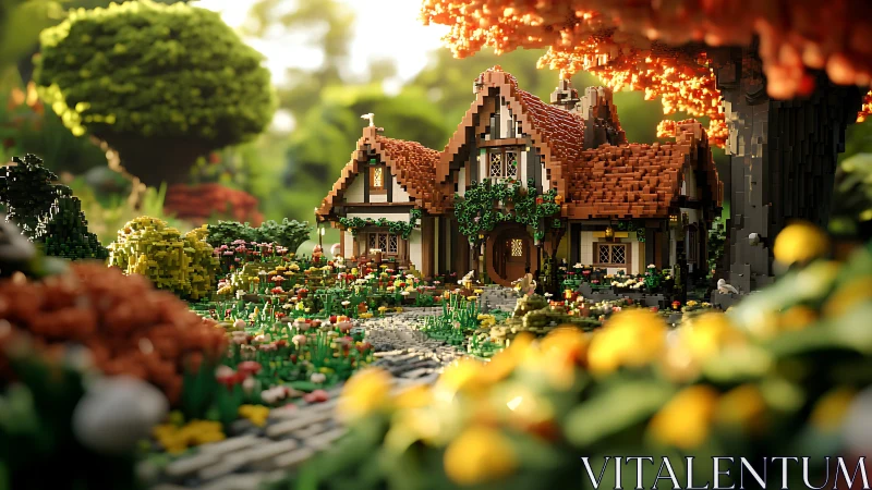 Lego cottage nestles in lush sunlit autumn garden scene.