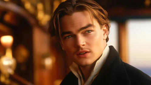 Young man in formal coat in warm interior setting.