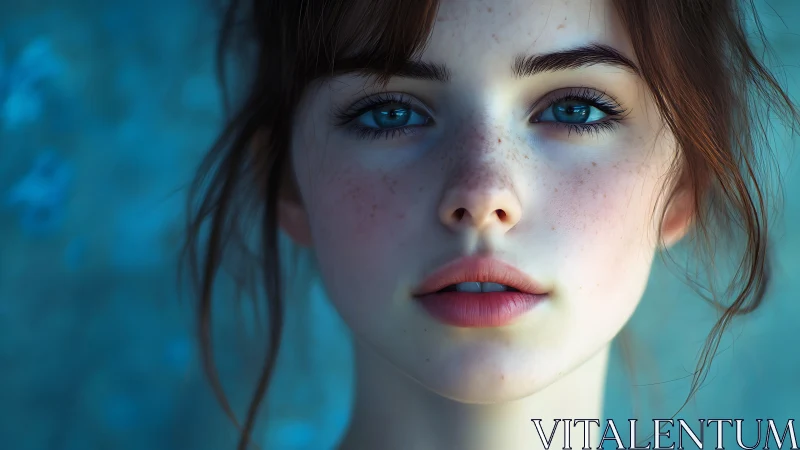 Soft blue gaze of a freckled girl in gentle daylight.