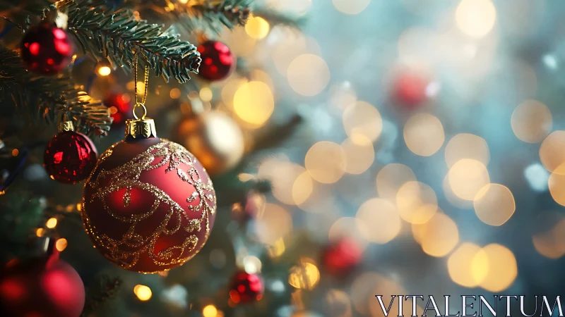 Red glass bauble glows on Christmas tree with warm bokeh.