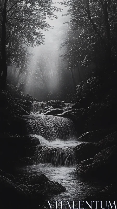 Cascading Waterfall in Mist-Laden Forest with Layered Water Dynamics