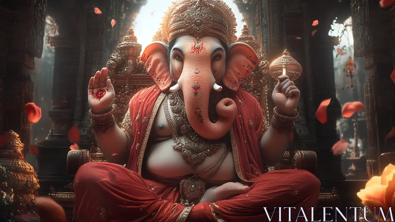 Serene Ganesha idol rests amid ornate temple glow.