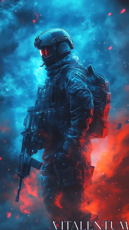 Stormlit cyber soldier striding through neon warfire haze.
