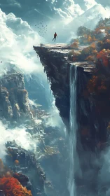 Soaring figure above misty canyon and plunging waterfall.