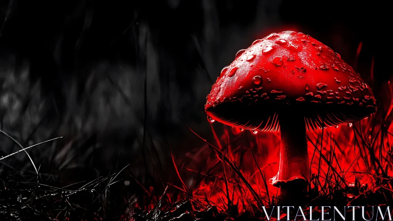 Chromatic macro study of bioluminescent red forest mushroom.
