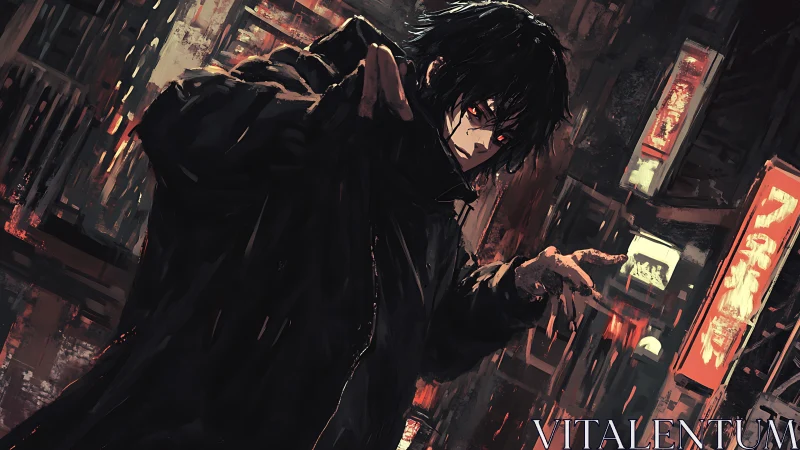 Dark-haired antihero stalks neon-soaked alley at midnight.