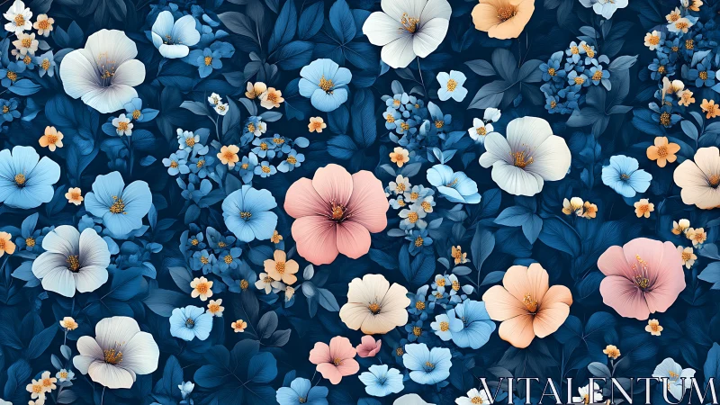 Ornate Floral Composition Against Deep Navy Backdrop.